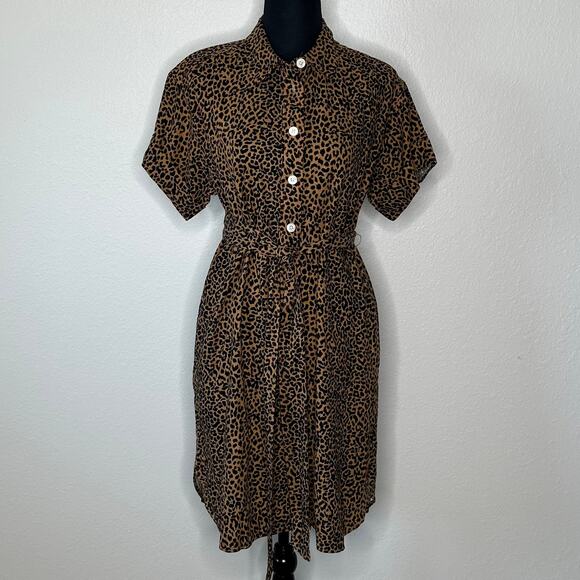 J.Crew Linen Blend Belted Mini Shirt Dress Leopard Print CK287 | Size Small New - Picture 2 of 10